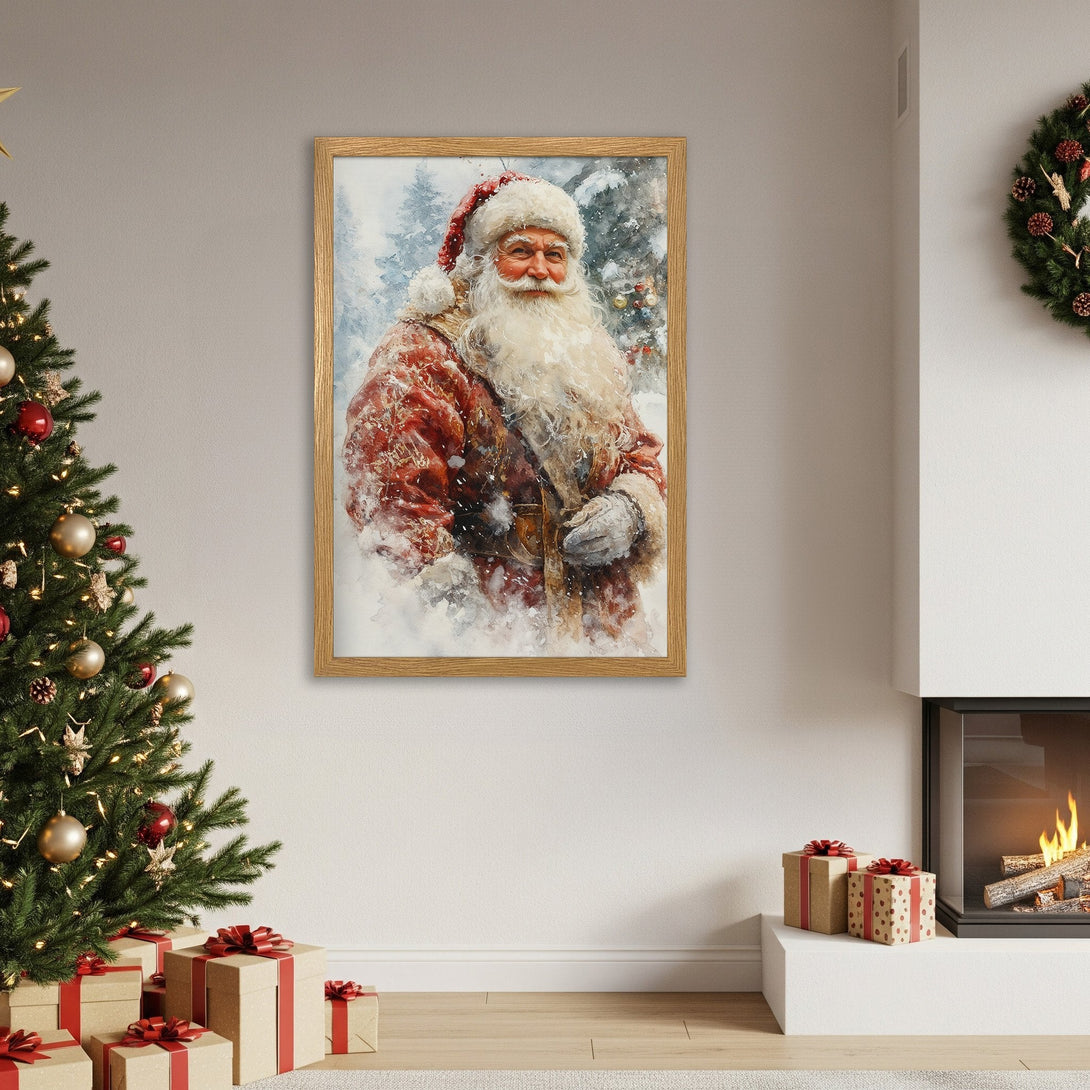 Framed Poster featuring Santa Claus in watercolor style, with a warm red and white color palette, perfect for Christmas decor.