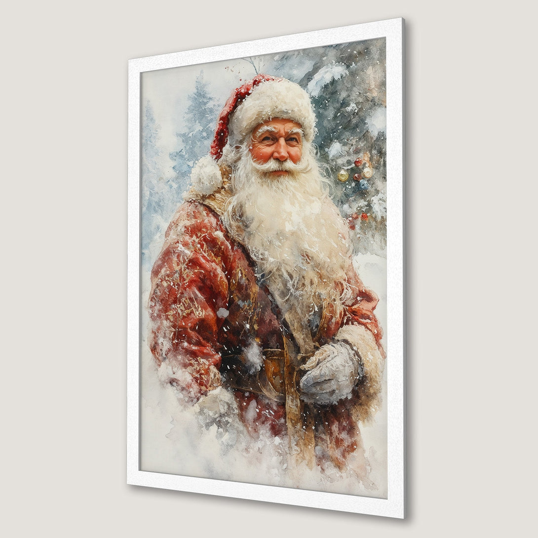 Framed Poster featuring Santa Claus in watercolor style. Festive red, white, and wintery blue color palette. Perfect Christmas decor!