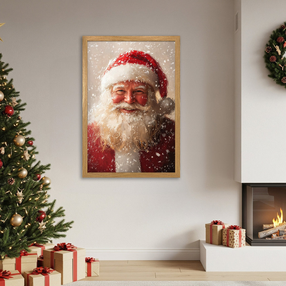 Framed Poster of Santa Claus in a painterly style with a red and white color palette, perfect for Christmas decor.