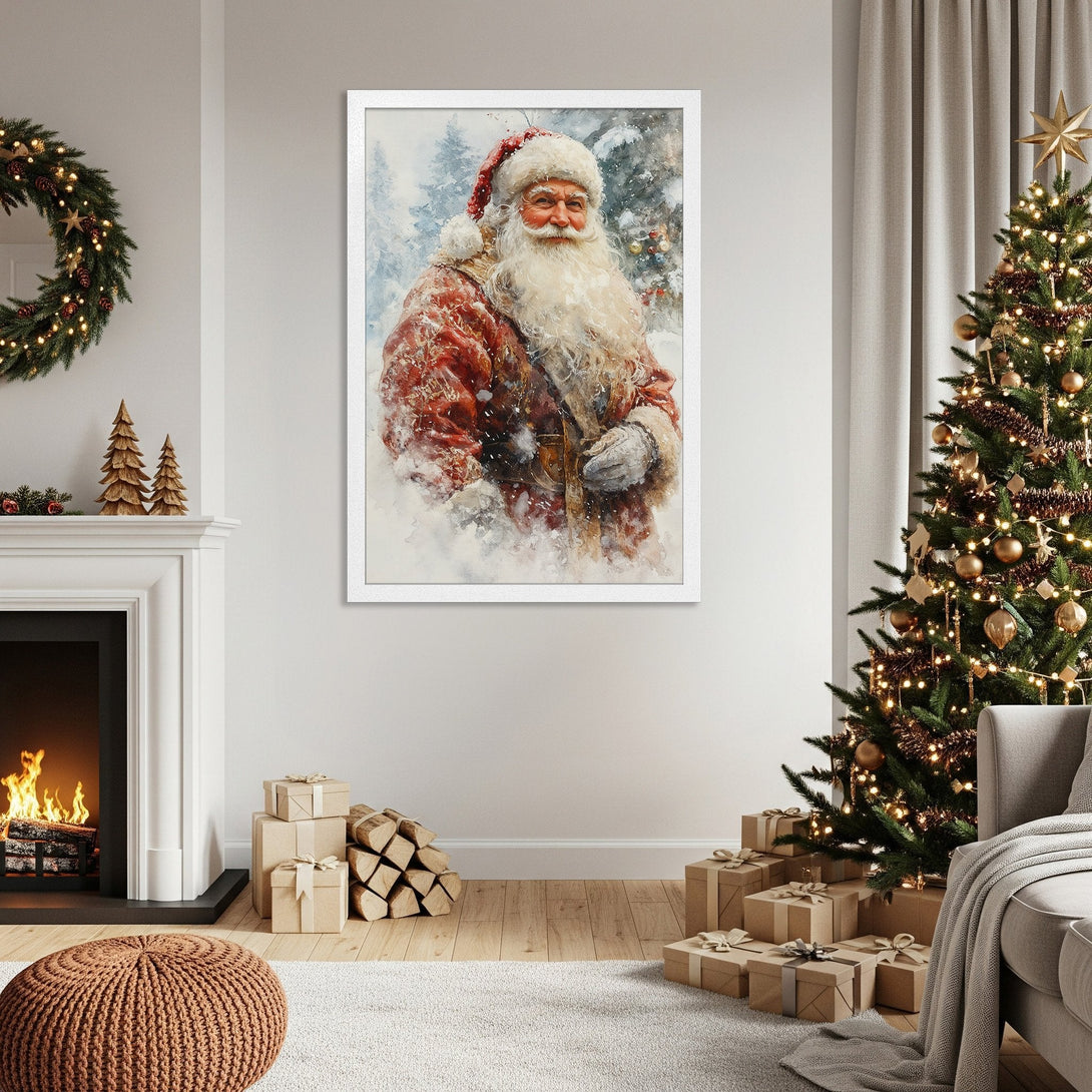 Framed Poster featuring Santa Claus in watercolor style, red and white color palette, perfect for Christmas decor.