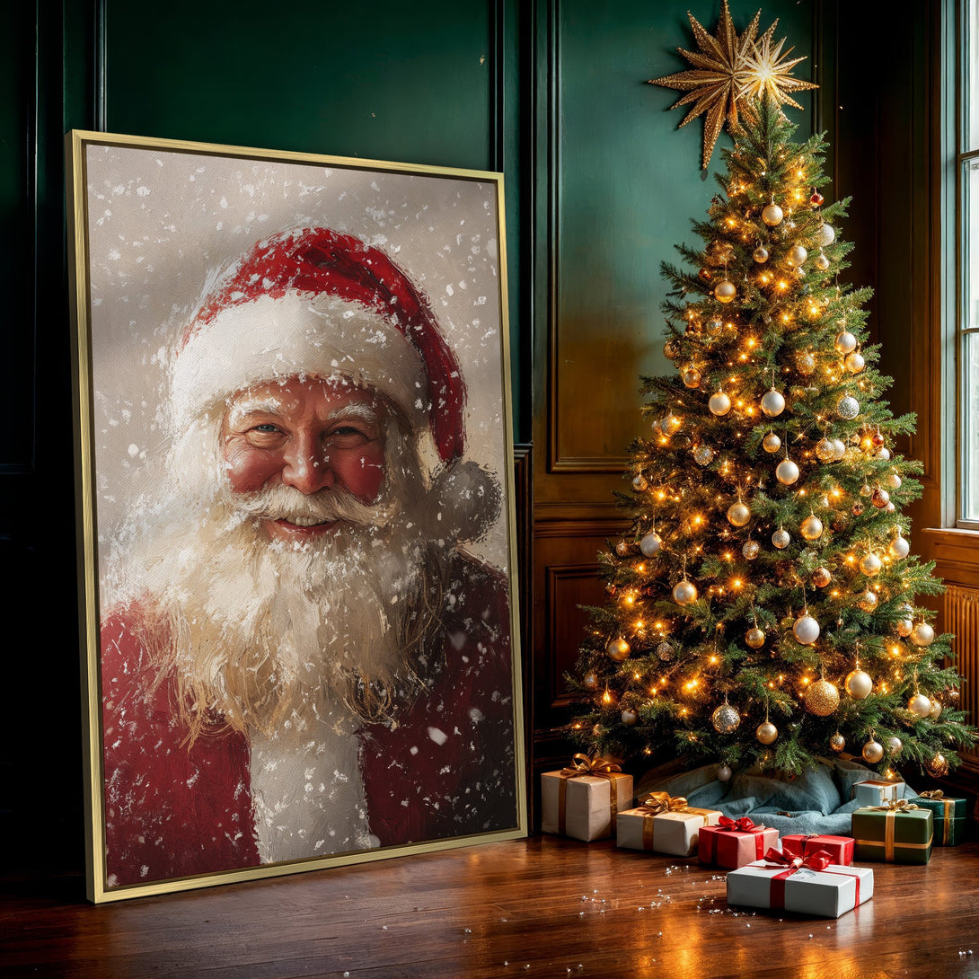 Canvas Print featuring a smiling Santa Claus portrait, painted in a warm red and cream color palette, perfect for Christmas decor.