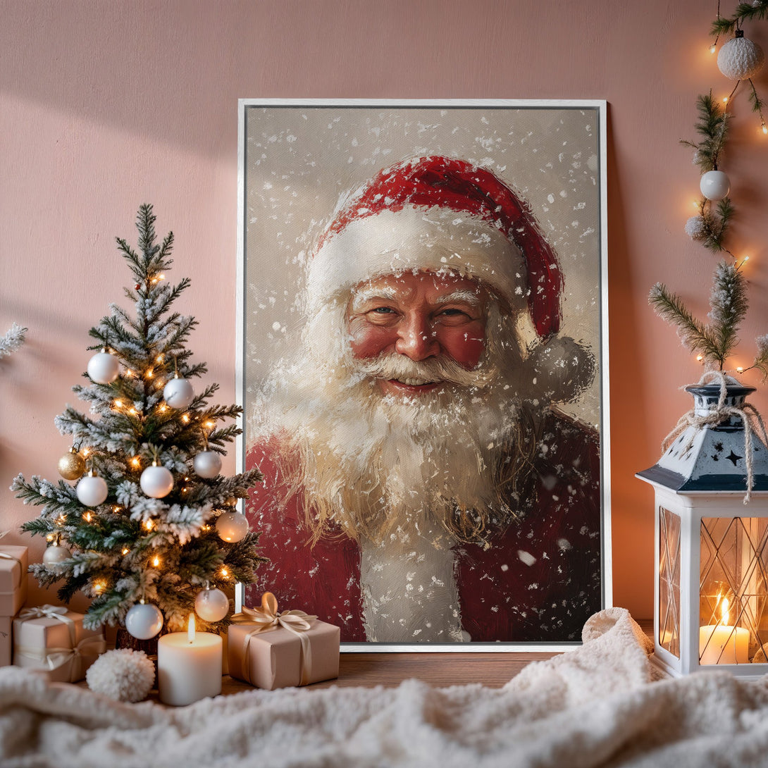 Framed Wall Art: Santa Claus portrait in a warm, festive interior. Red, white, and cream color palette, perfect for holiday decor.