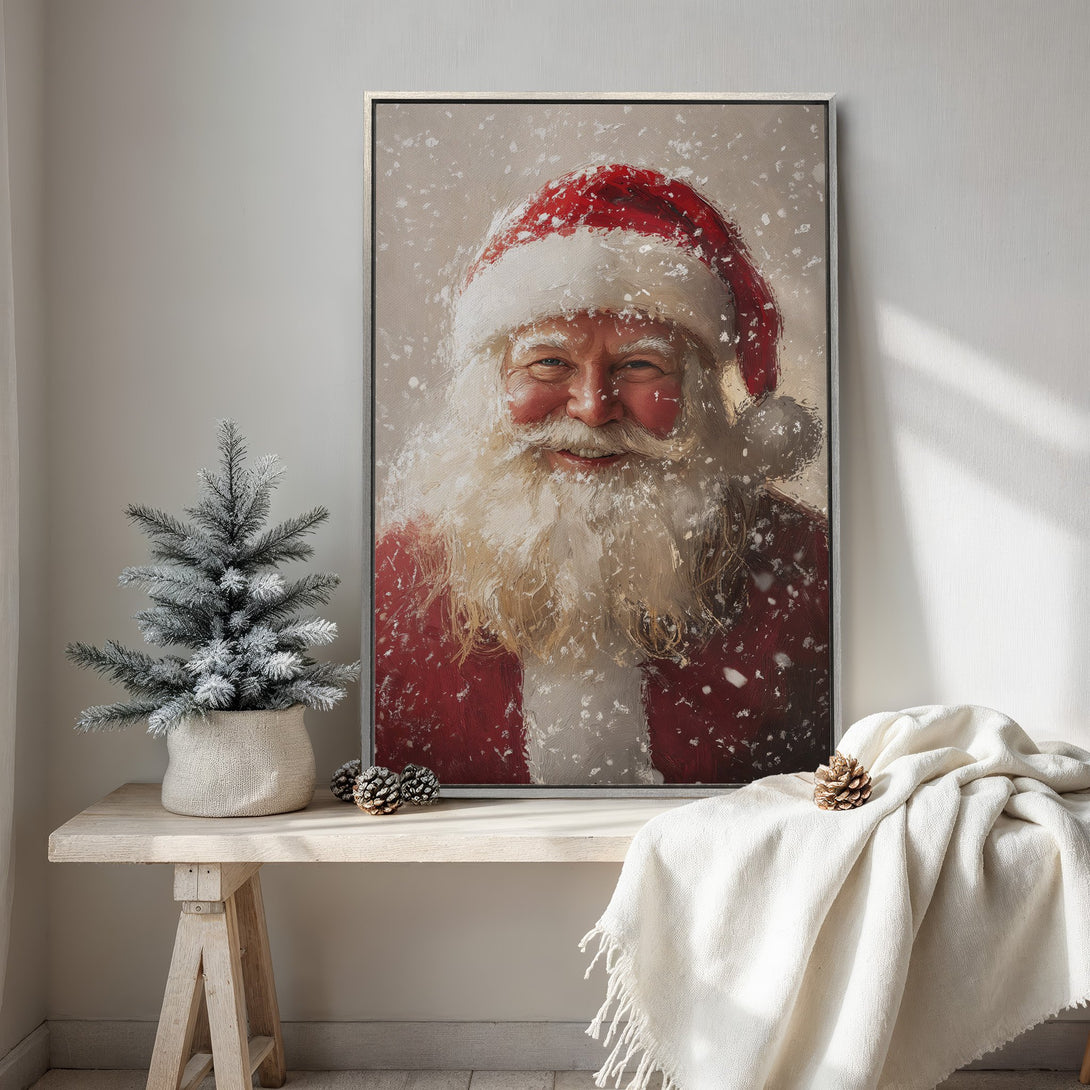 Framed Wall Art featuring Santa Claus in a warm, painterly style. Festive red and white color palette perfect for Christmas decor.