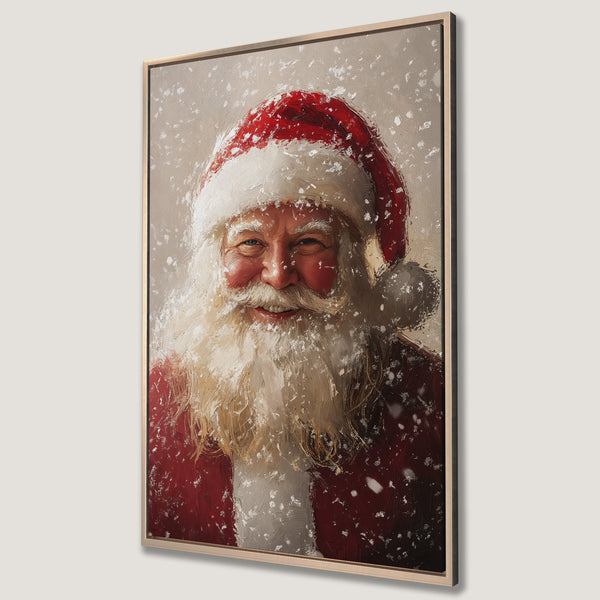 Framed Wall Art: Smiling Santa Claus portrait in a painterly style, featuring a red and white color palette with neutral background. Perfect holiday decor!