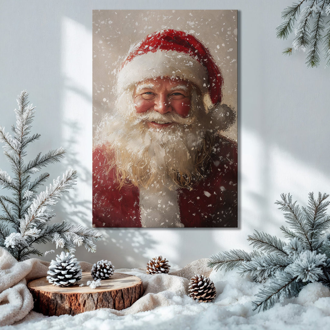 Framed Wall Art: Santa Claus portrait in a festive Christmas scene. Warm red, gold, and green color palette, perfect holiday decor.