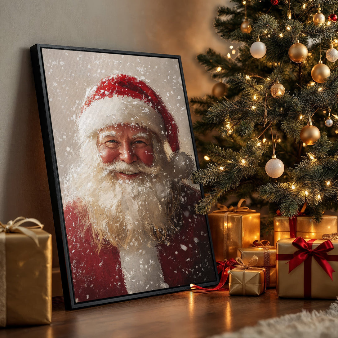 Framed Wall Art: Santa Claus portrait in a painterly style. Festive red, white, and gold color palette. Perfect Christmas decor for your home!
