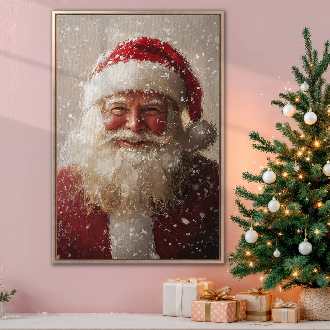 Framed Wall Art: Santa Claus portrait canvas print in a warm, festive interior. Rich red, gold, and cream tones evoke holiday cheer and cozy vibes. Perfect Christmas decor!