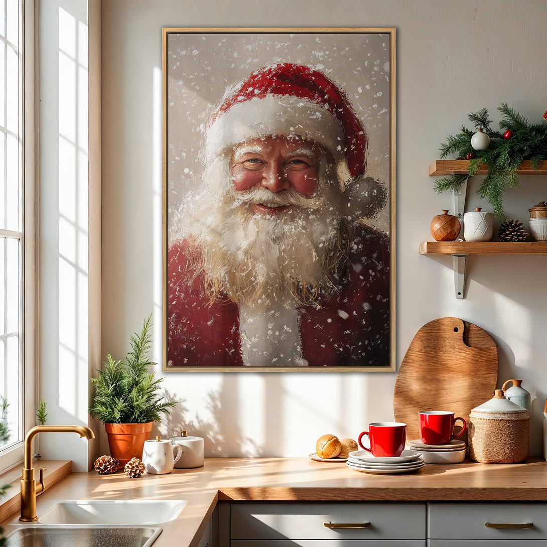 Framed Wall Art featuring Santa Claus in a snowy scene. Festive red and white palette, perfect for Christmas decor. Bring holiday cheer to your home!
