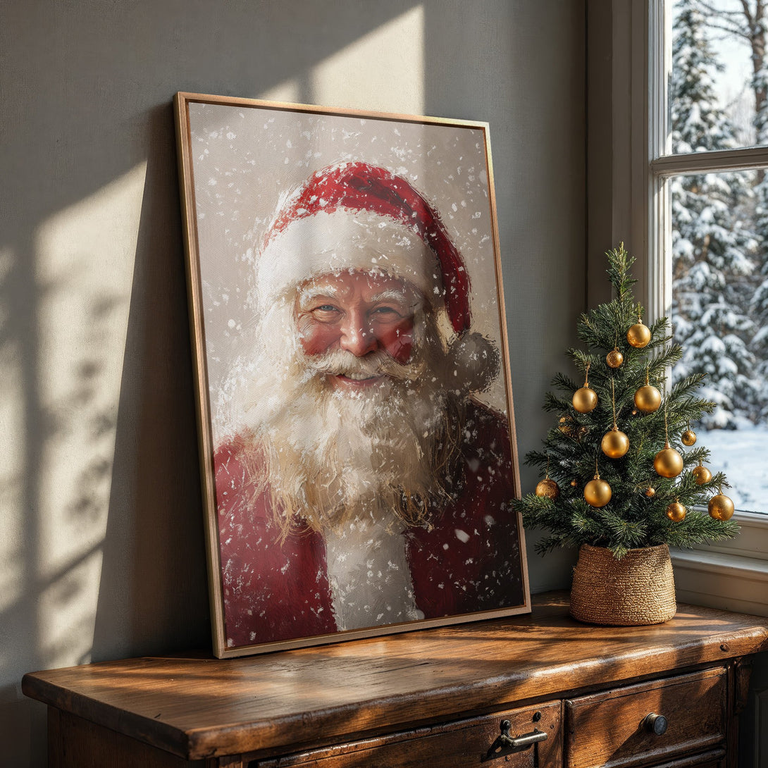 Framed Wall Art featuring Santa Claus portrait in a painterly style. Warm red, beige, and white color palette, perfect for Christmas decor. Shop now!