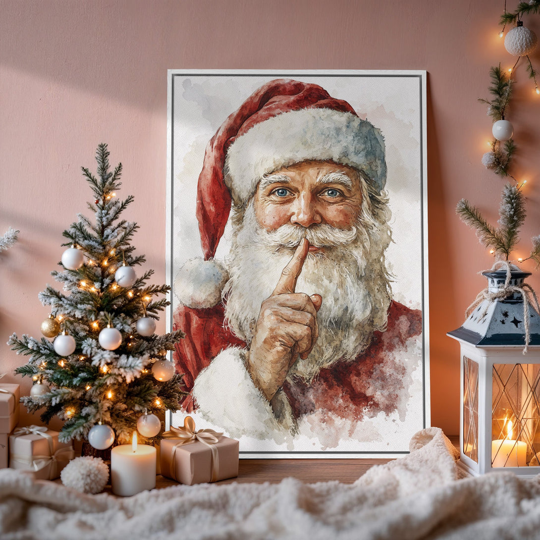 Framed Wall Art: Watercolor Santa Claus portrait in red & white, perfect Christmas decor. Warm, inviting color palette. Add festive charm to your home!