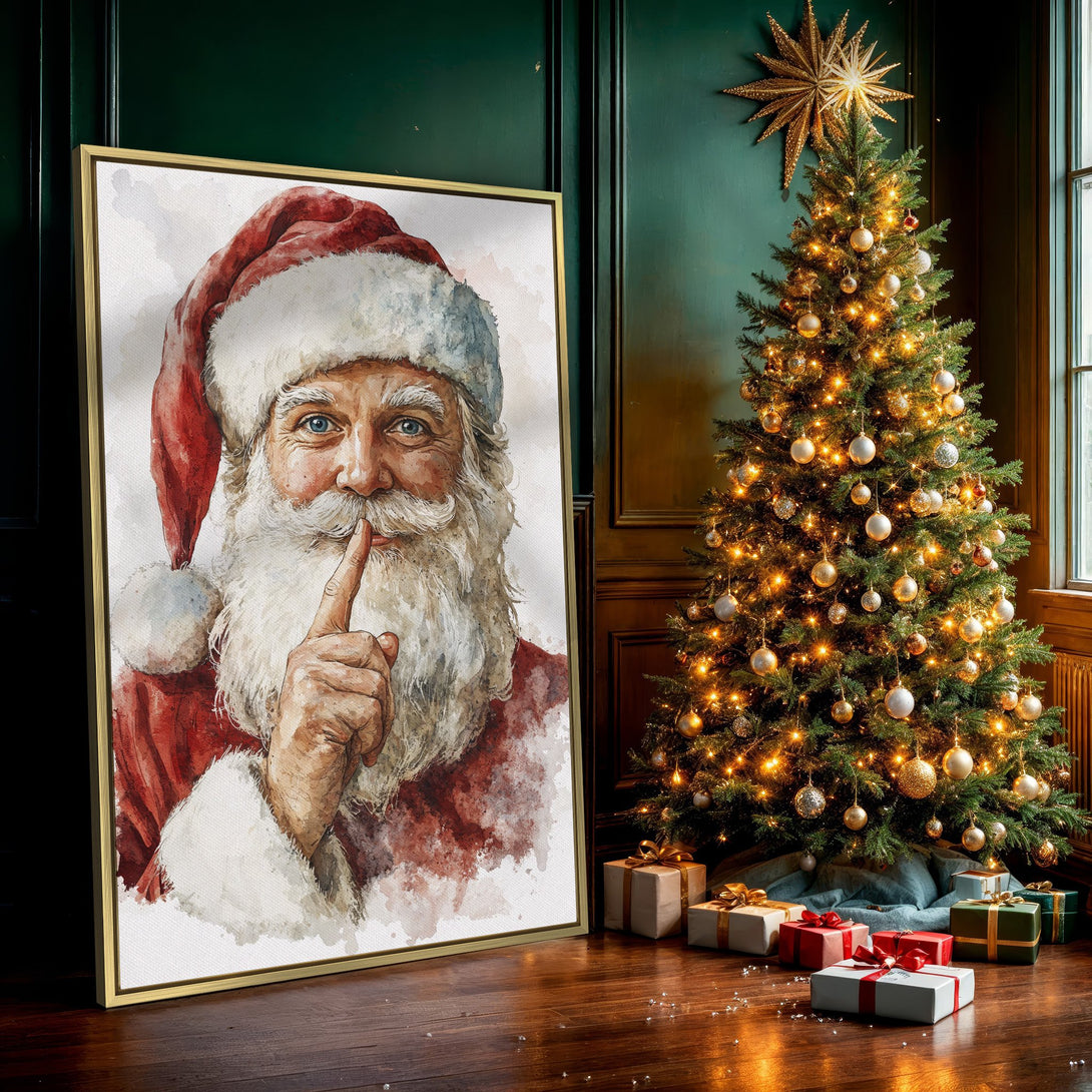 Watercolor Canvas Print of Santa Claus, festive holiday art in red and white, perfect Christmas decor for your home.