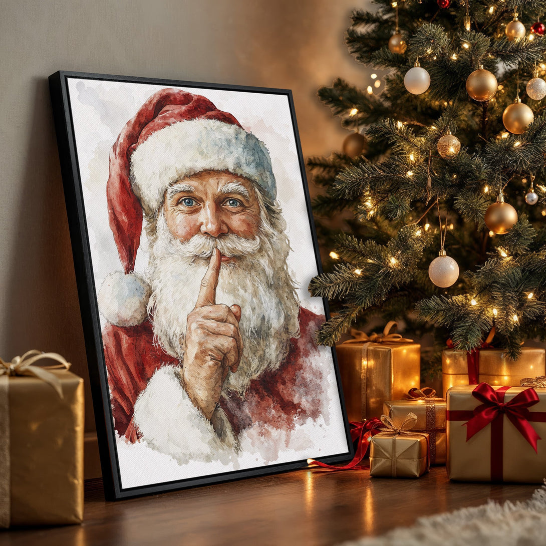 Framed Wall Art: Watercolor Santa Claus portrait in a Christmas setting. Festive red, white, and gold color palette. Perfect holiday decor!