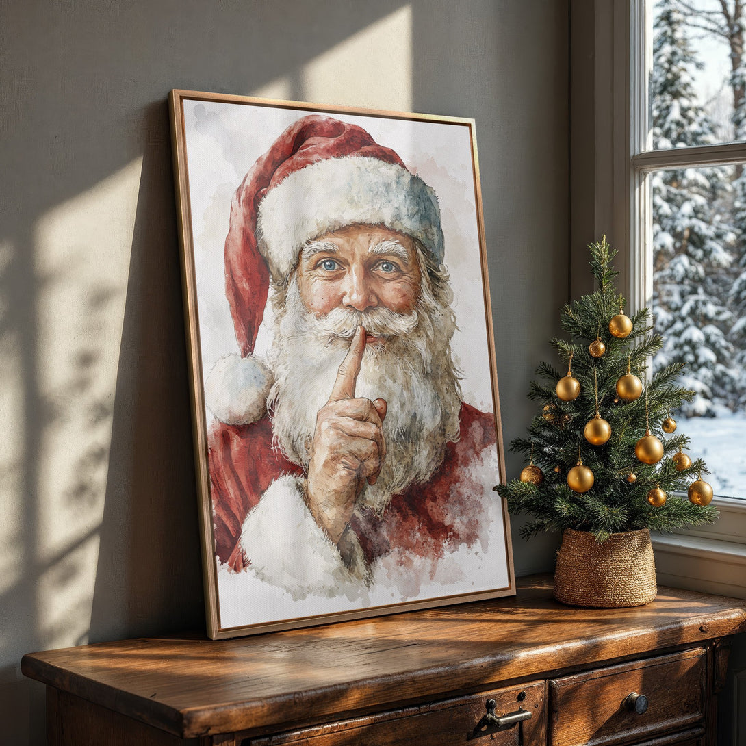 Framed Wall Art of Santa Claus in watercolor style. Festive red, white, and gold color palette. Perfect Christmas decor for your home!