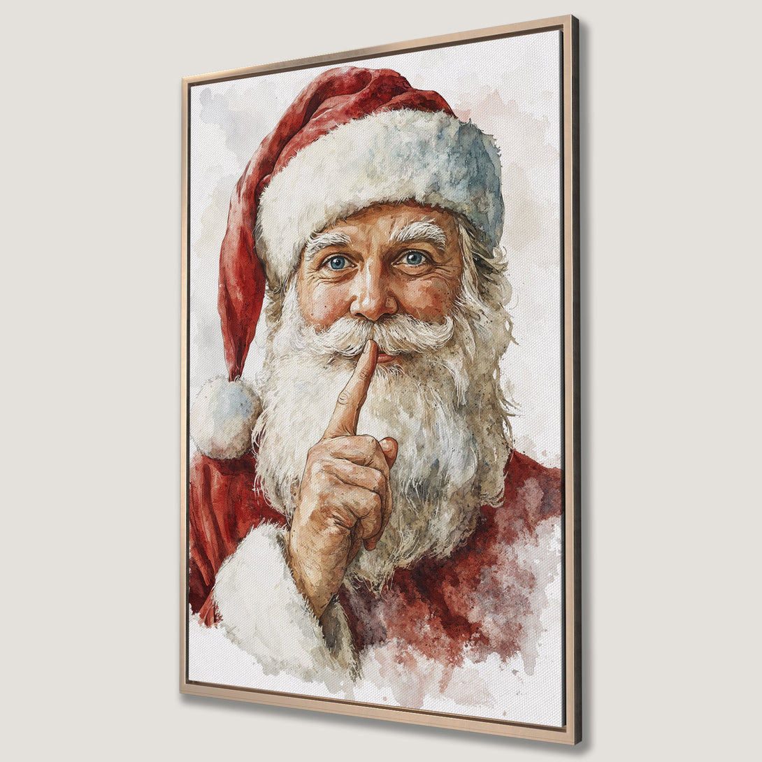 Framed Wall Art of Santa Claus shushing, watercolor style. Festive red, white, and blue color palette. Perfect Christmas decor!