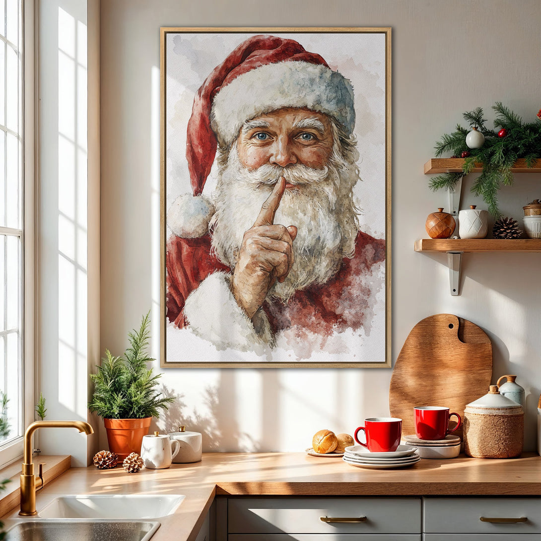Framed Wall Art featuring a watercolor Santa Claus portrait. Warm red and white color palette, perfect for Christmas decor. Adds festive charm to any room!