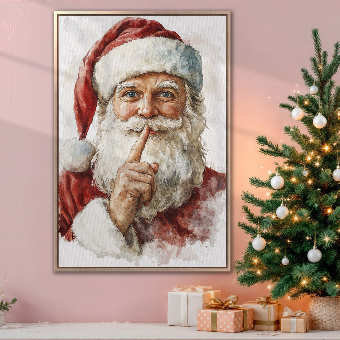 Framed Wall Art of Santa Claus watercolor portrait. Festive red and white art with a pink background. Perfect Christmas decor.