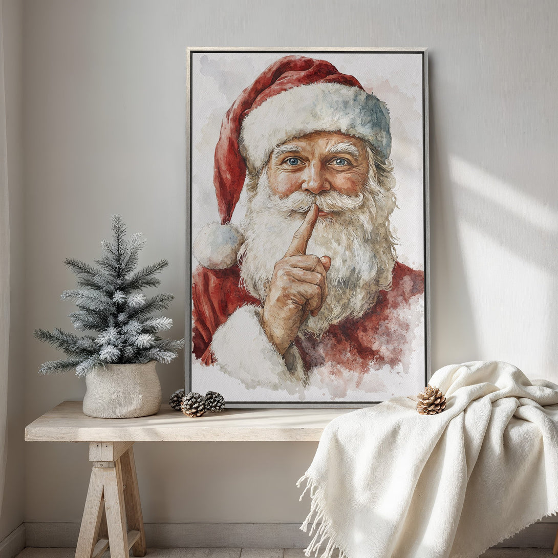Framed Wall Art: Watercolor Santa Claus portrait in red and white. Festive holiday decor for your home. Shop now for Christmas art!
