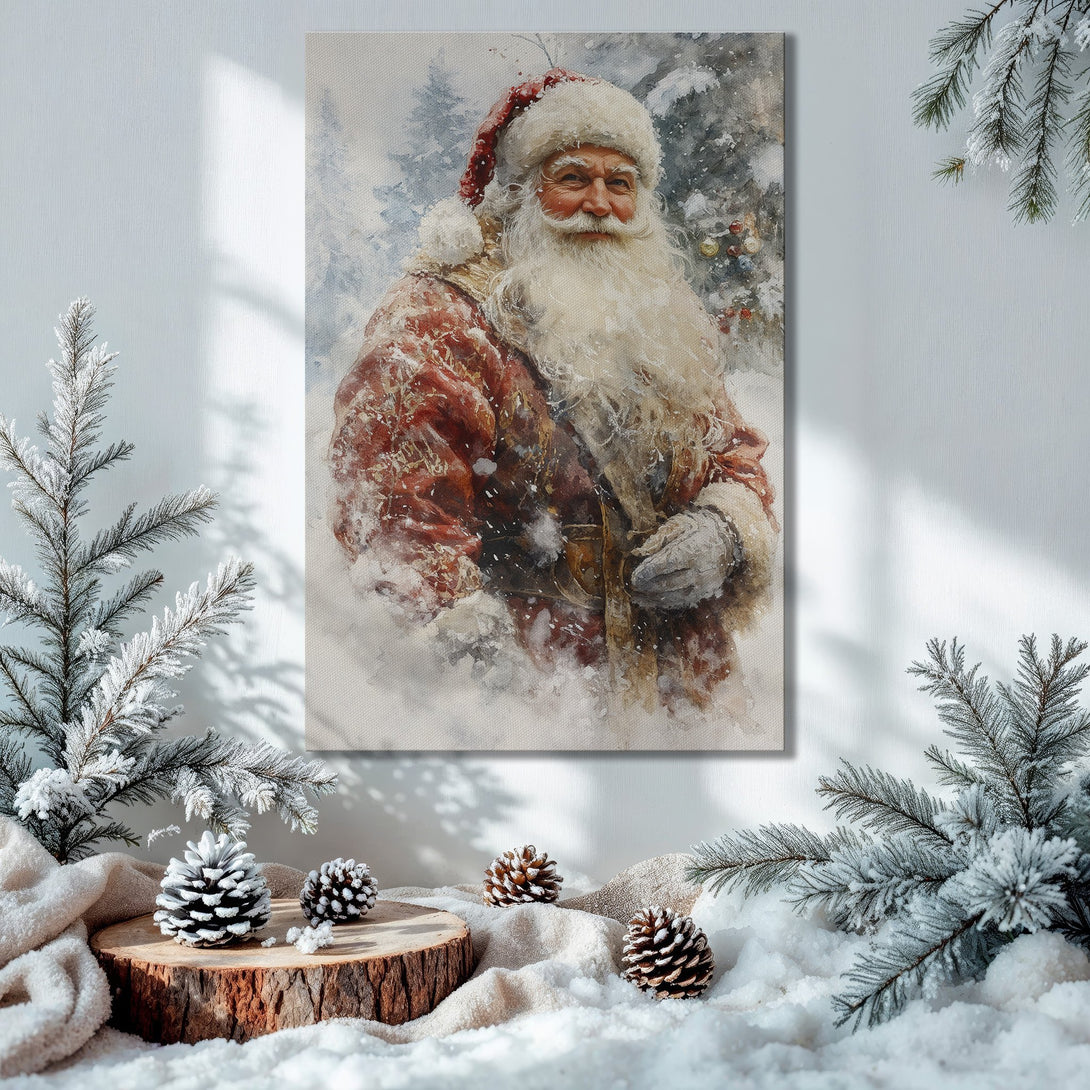 Framed Wall Art: Watercolor Santa Claus print in a festive room with a Christmas tree. Warm red, gold, and green color palette.