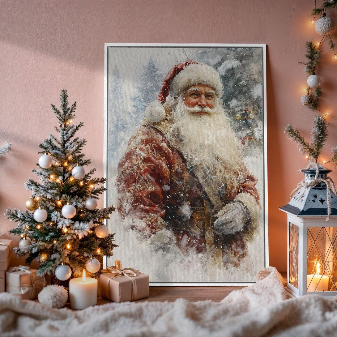 Framed Wall Art: Watercolor Santa Claus print in a festive interior. Warm red, white, and neutral tones create a cozy Christmas vibe. Perfect holiday decor!
