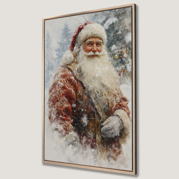 Framed Wall Art: Watercolor Santa Claus in a snowy scene. Festive Christmas decor with red, white, and neutral tones. Perfect holiday gift!