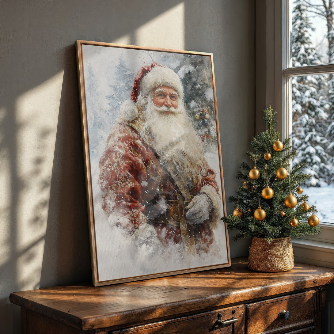 Framed Wall Art of Santa Claus in watercolor style, with a warm red and white color palette. Perfect holiday decor for your home!