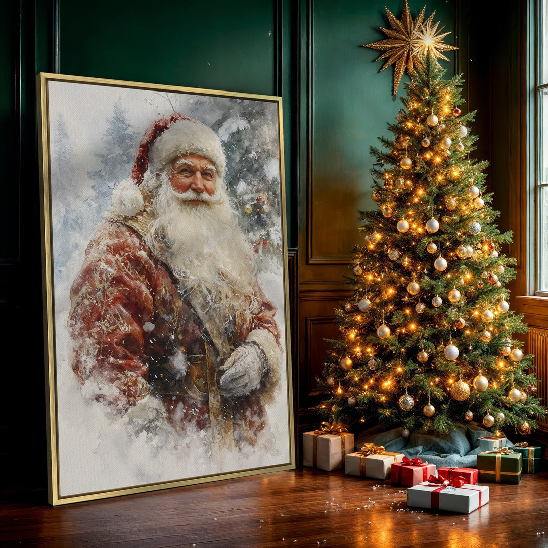 Canvas Print of Santa Claus in a watercolor style, featuring a red and white color palette. Perfect Christmas wall art for your home!