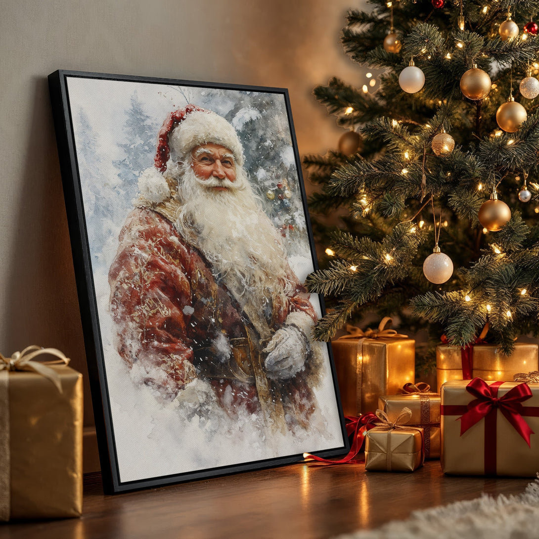 Framed Wall Art of Santa Claus in watercolor style, featuring a red and white color palette. Perfect Christmas decor!