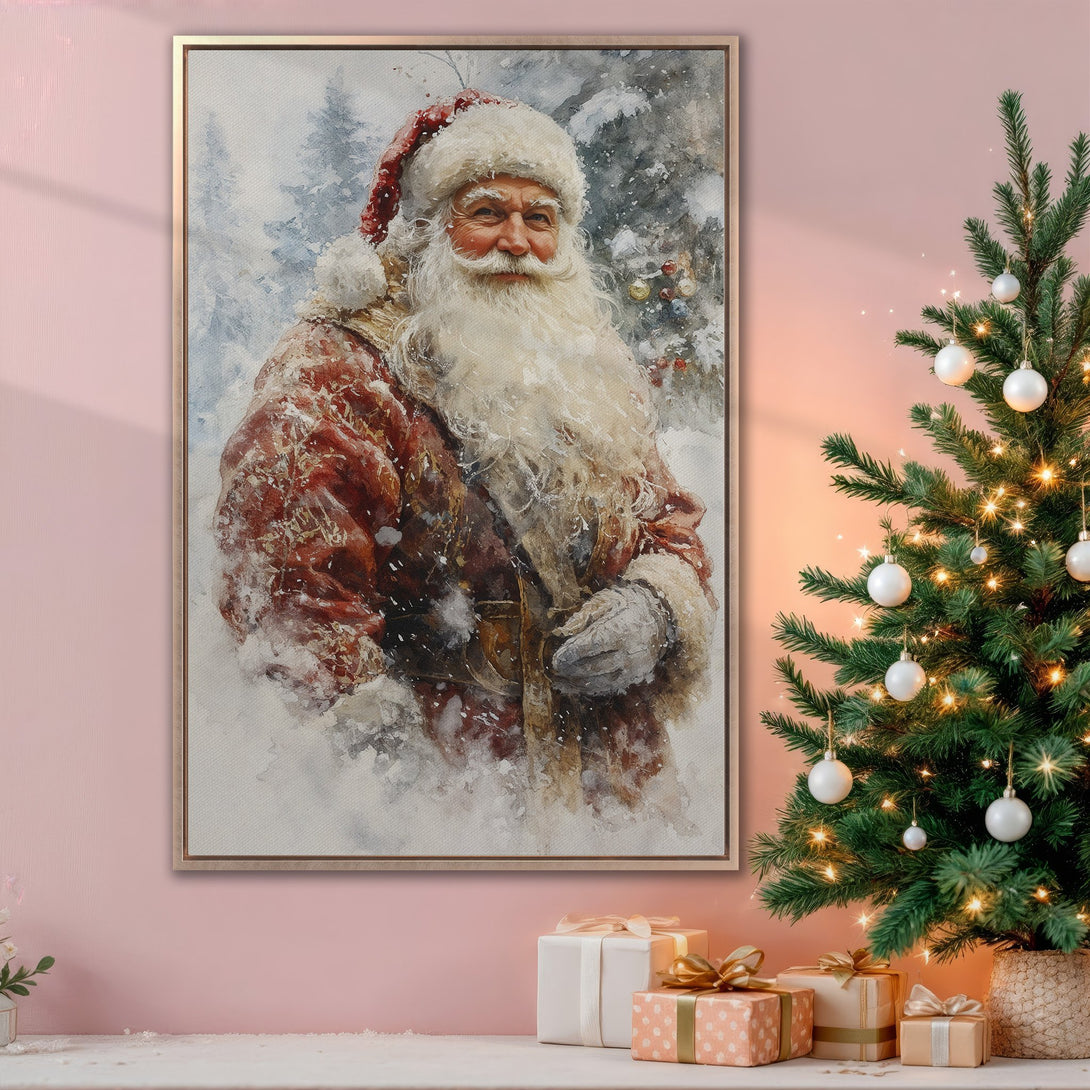 Framed Wall Art: Watercolor Santa Claus in a snowy scene. Festive holiday decor with a warm red and white color palette, perfect for Christmas.