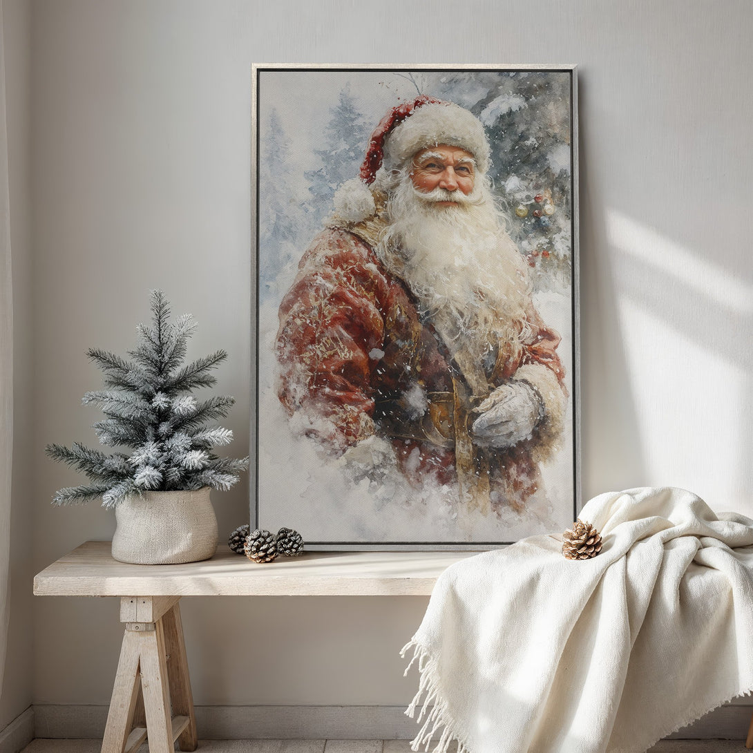 Framed Wall Art featuring Santa Claus in a watercolor style. Warm red and white color palette creates a cozy Christmas vibe for your home decor.