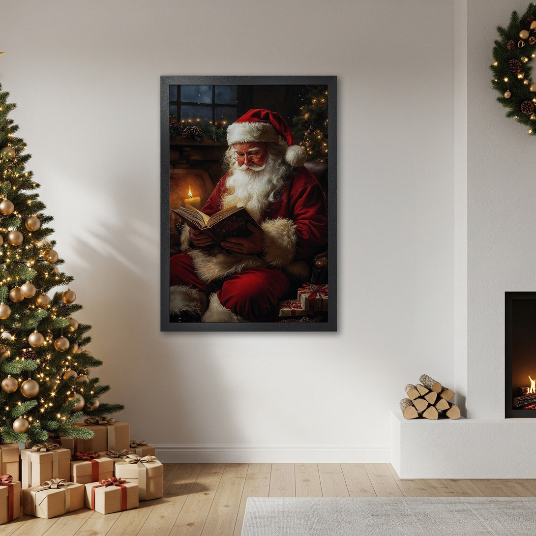 Framed Poster featuring Santa Claus reading, warm tones, cozy Christmas decor. Perfect holiday wall art!