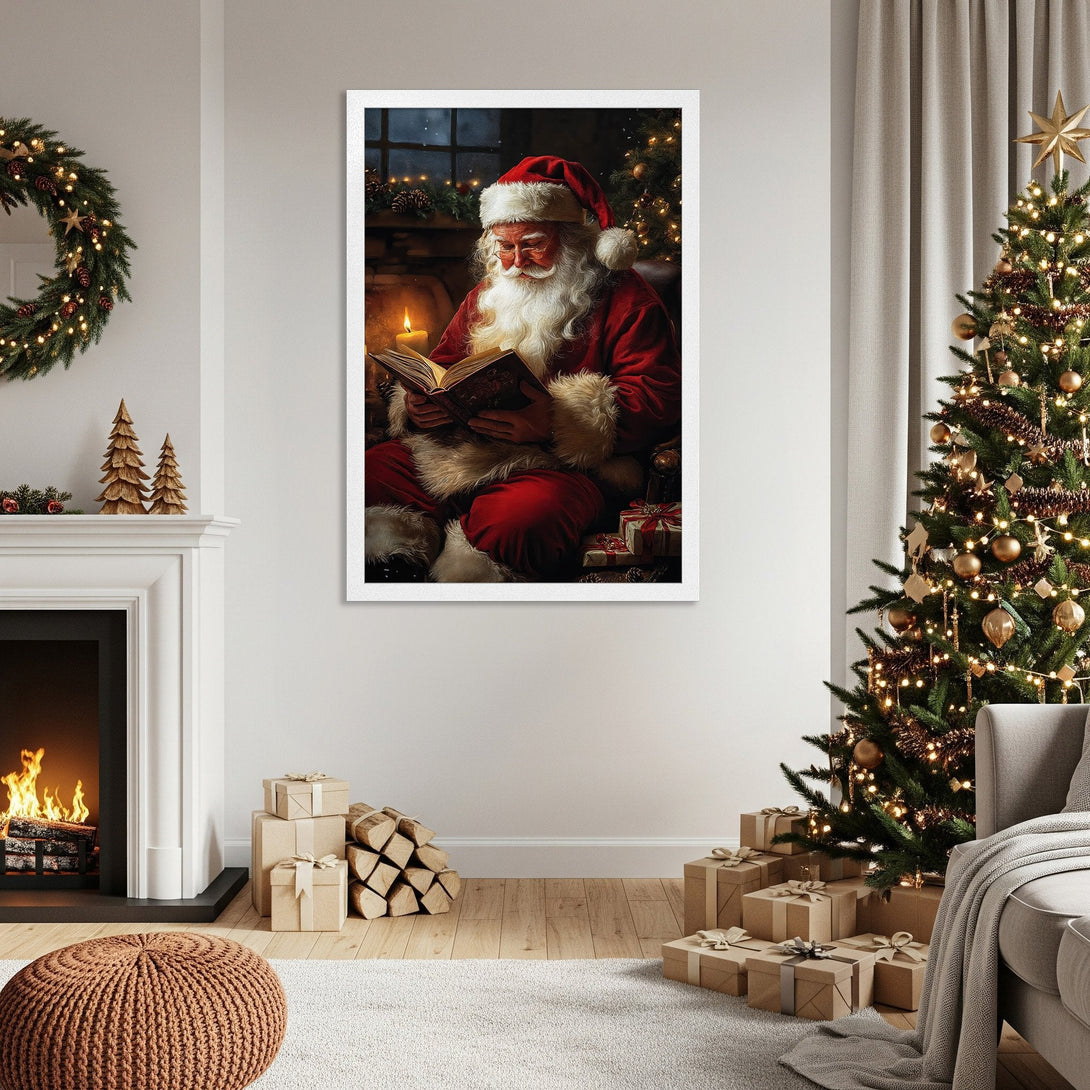 Framed Poster featuring Santa Claus reading, warm tones, festive holiday decor. Perfect Christmas wall art!