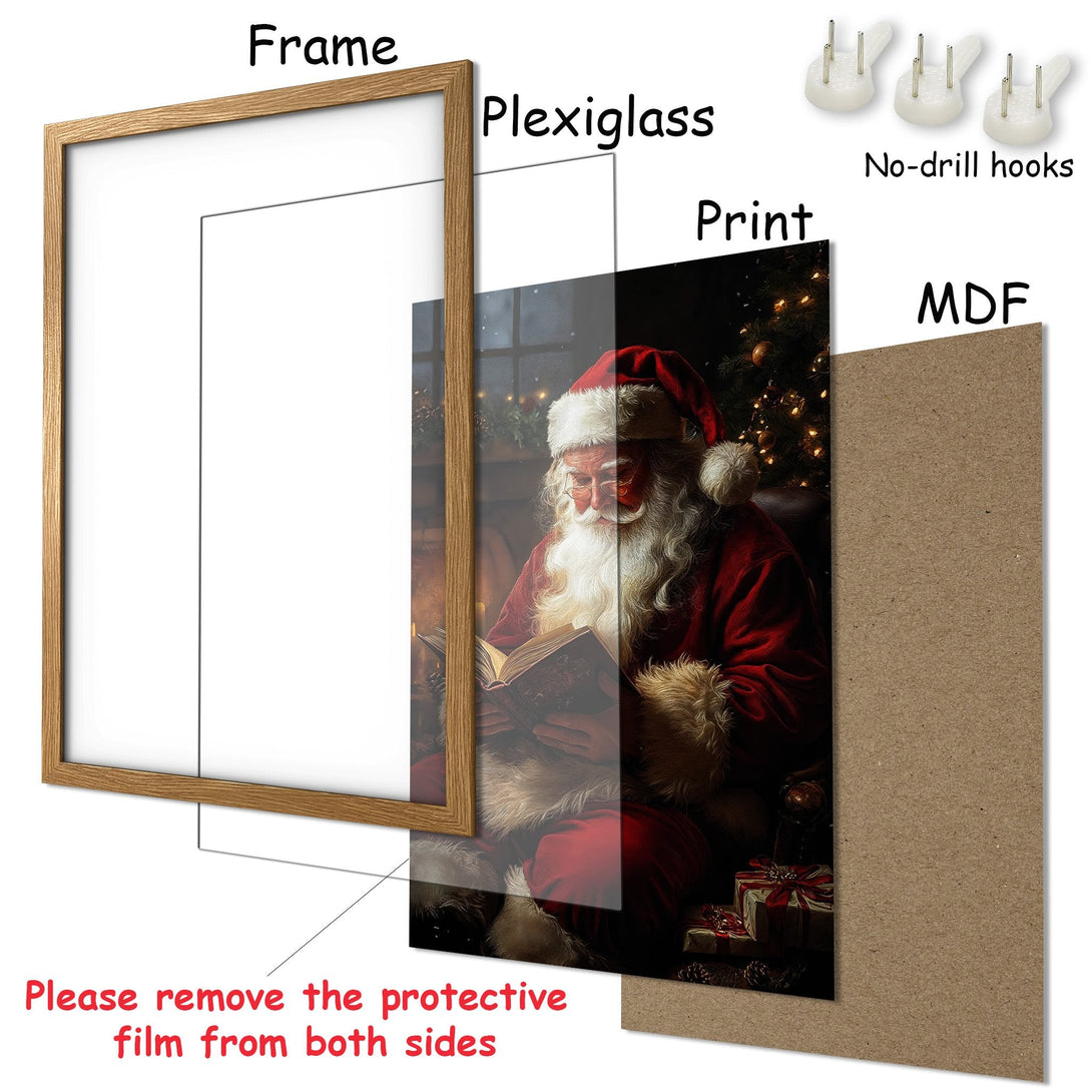 Framed Poster featuring Santa Claus reading, warm tones, and a cozy Christmas scene. Perfect holiday decor!