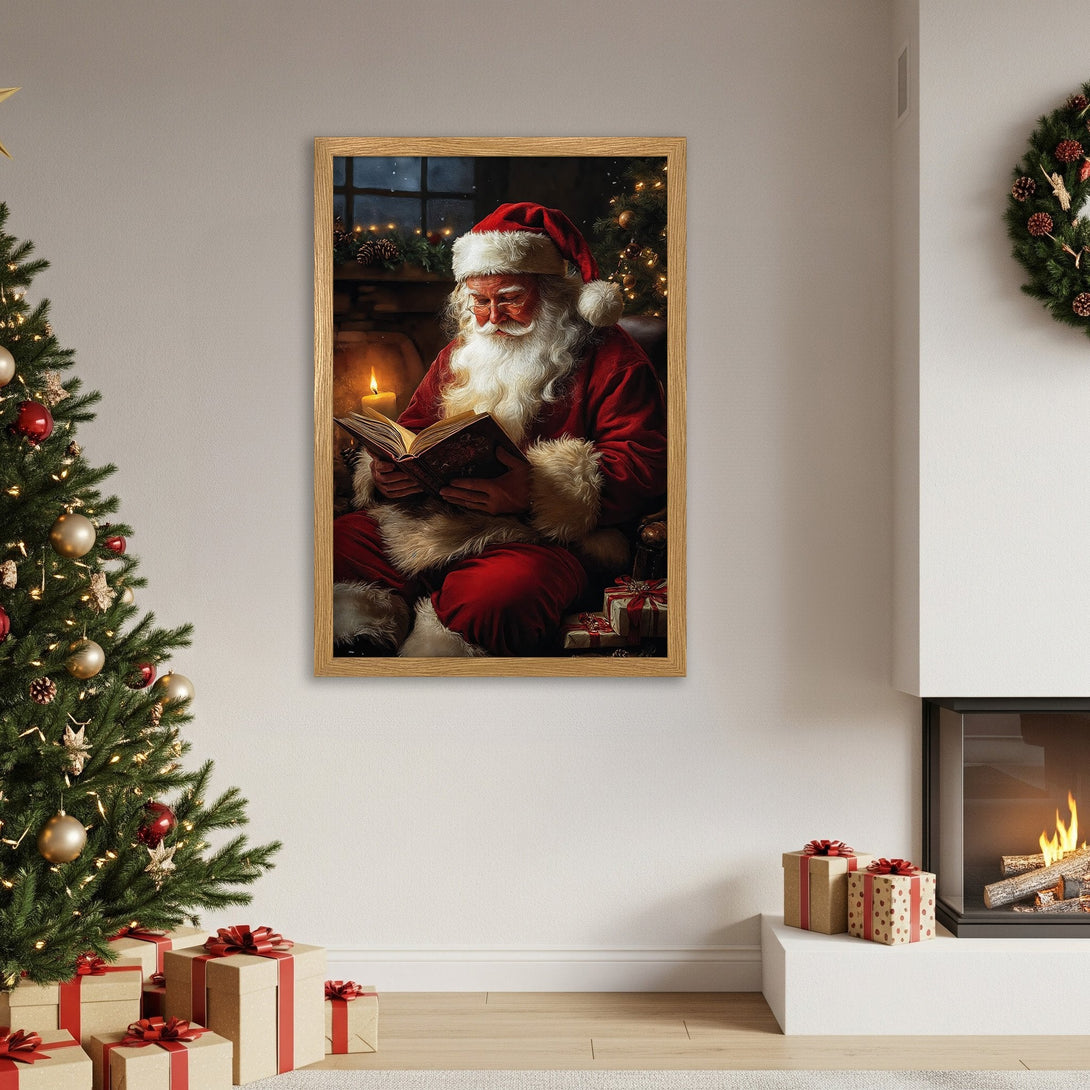 Framed Poster of Santa Claus reading, warm Christmas scene in red and gold tones. Festive wall art.