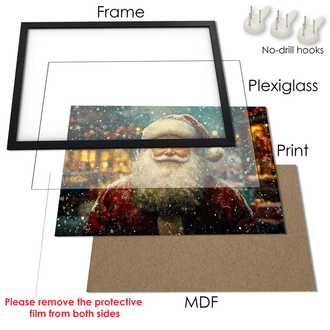 Framed Poster featuring Santa Claus in a snowy scene. Warm, festive color palette. Perfect Christmas decor!