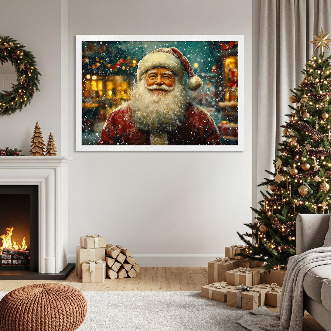 Framed Poster featuring Santa Claus in a snowy scene. Festive art with red, gold, and teal color palette. Perfect Christmas decor!