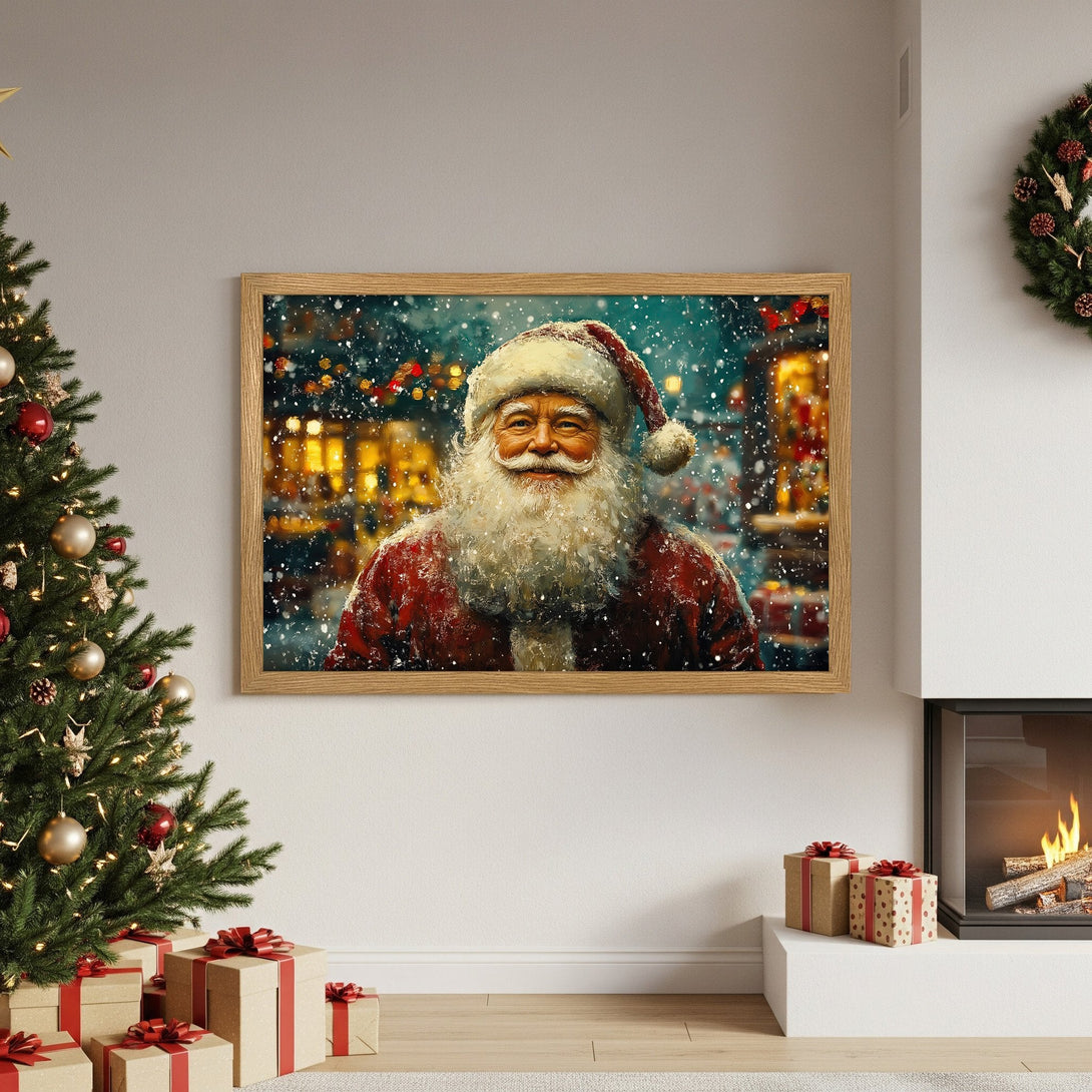 Framed Poster featuring Santa Claus, festive art style, warm red and gold color palette, perfect for Christmas decor.