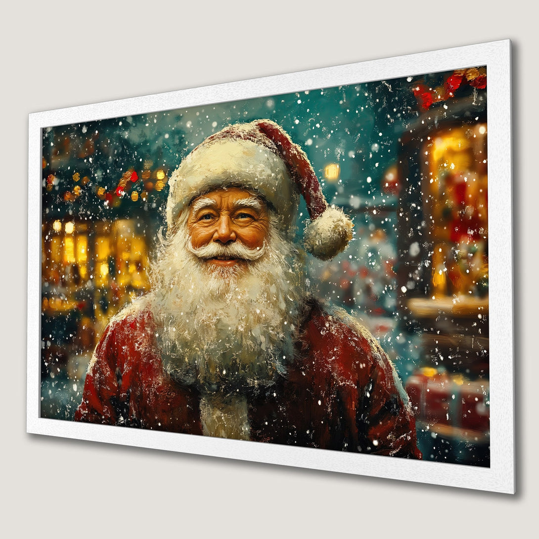 Framed Poster featuring Santa Claus, painted in a festive style with a red, white, and gold color palette. Perfect Christmas decor!