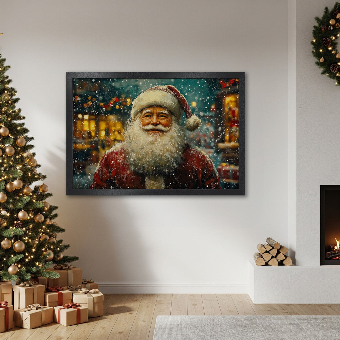 Framed Poster featuring Santa Claus in a painterly style, warm red and gold tones, perfect Christmas decor for your home.