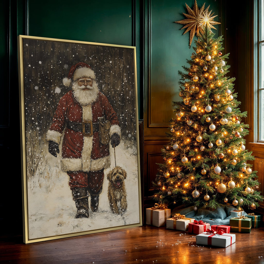 Canvas Print of Santa Claus walking a dog in a snowy scene. Festive wall art with a warm red, brown, and white color palette. Perfect Christmas decor.