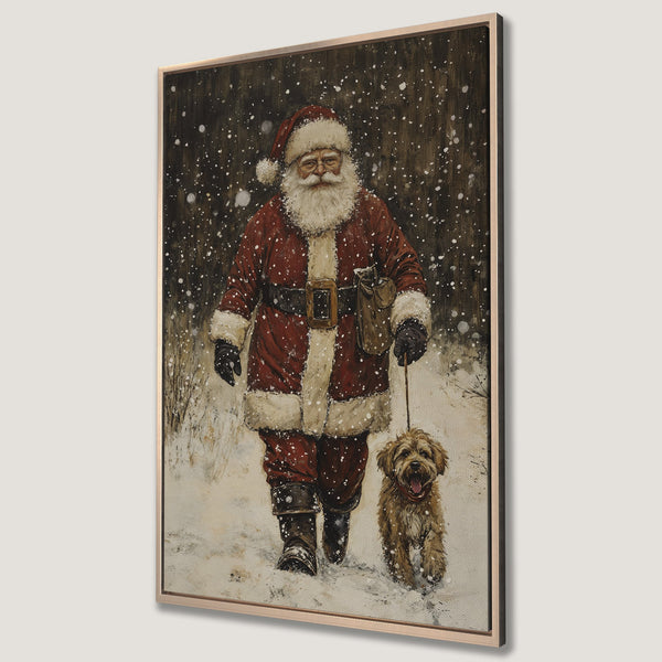 Framed Wall Art featuring Santa Claus walking a dog in a snowy scene. Warm red and brown tones create a cozy, vintage Christmas aesthetic. Perfect holiday decor!