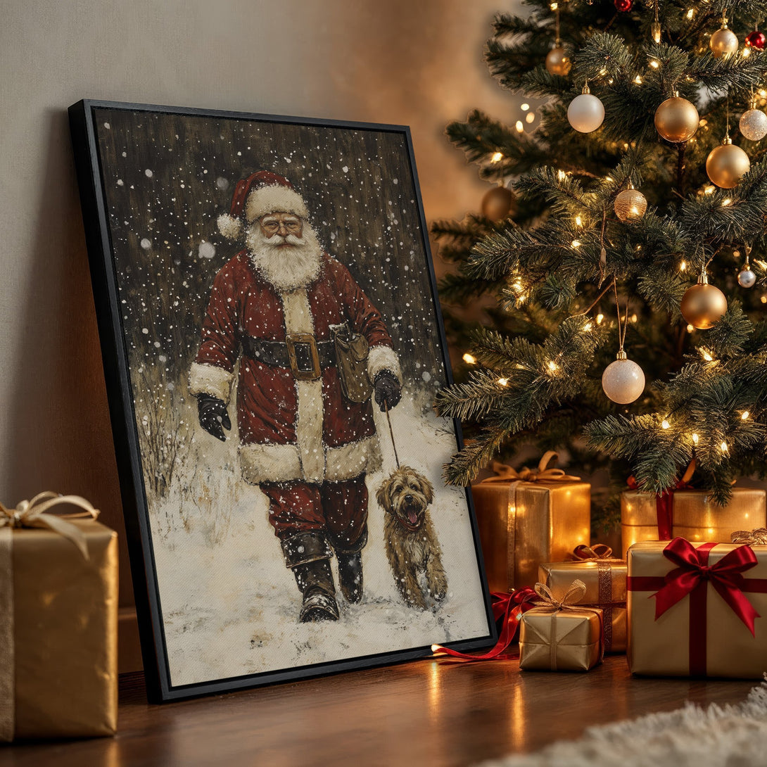 Framed Wall Art: Santa Claus walking dog in a snowy scene. Warm, inviting color palette with red, brown, and gold tones. Perfect Christmas decor.