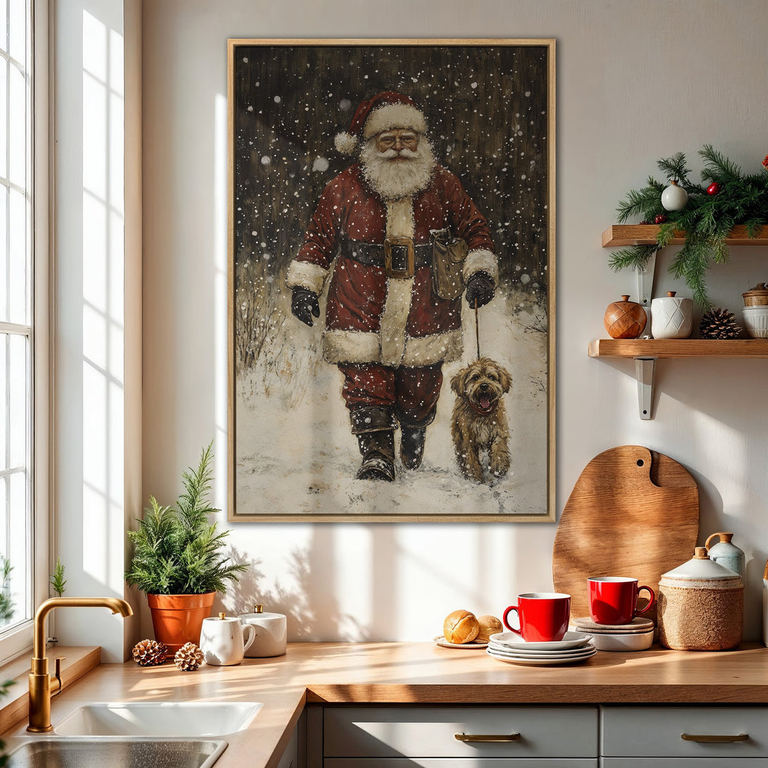 Framed Wall Art: Santa Claus walking dog in winter scene. Rustic, warm color palette. Perfect Christmas decor for cozy interiors.