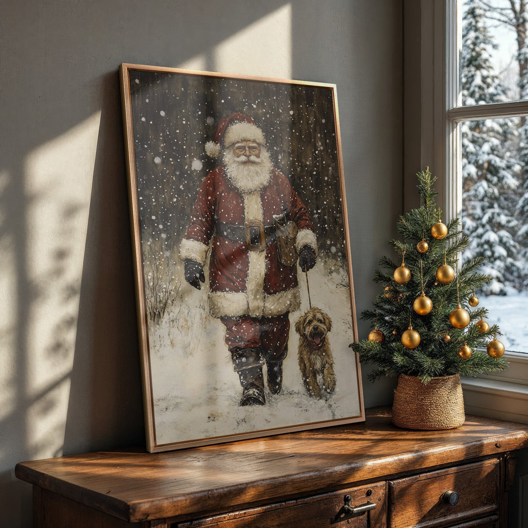 Framed Wall Art: Santa Claus walking his dog in a snowy scene. Rustic style, warm red and brown color palette, perfect for Christmas decor.