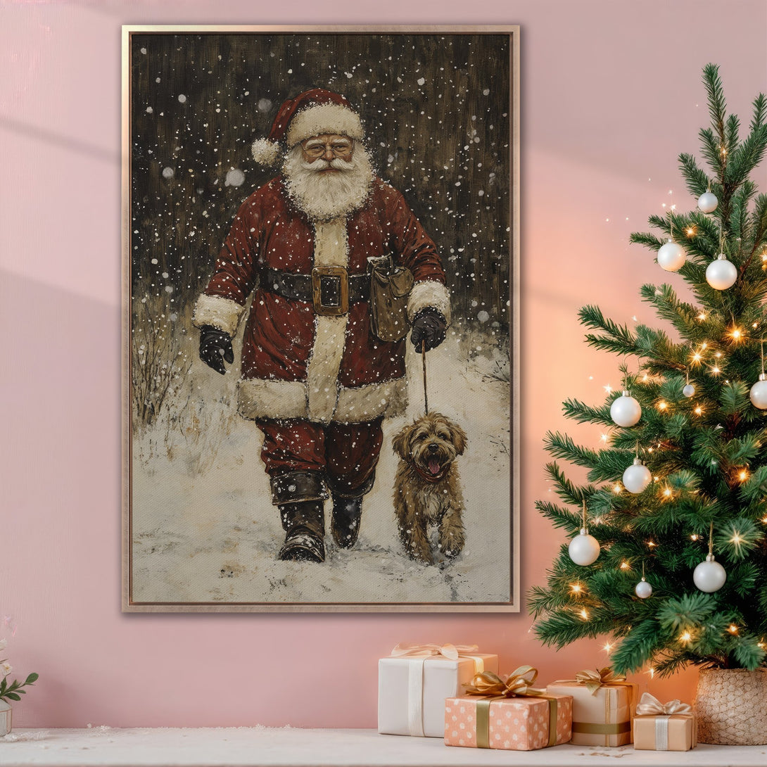 Framed Wall Art featuring Santa Claus walking a dog in a snowy scene. Rustic style with a warm red, brown, and white color palette, perfect for Christmas decor.