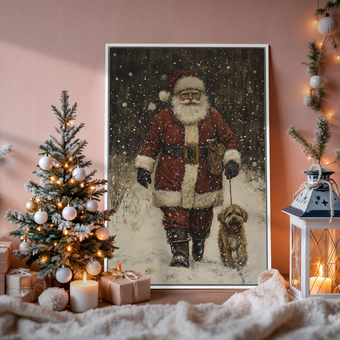 Framed Wall Art: Santa Claus walking dog in snowy scene. Warm red, brown, and white palette. Perfect Christmas decor for a cozy holiday vibe.