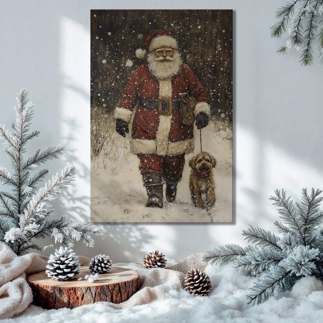 Framed Wall Art: Santa Claus and dog in winter scene. Festive Christmas decor with warm red, gold, and green color palette. Perfect holiday gift!