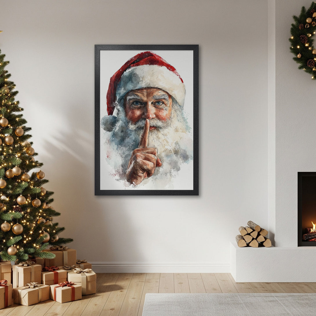 Framed Poster of Santa Claus in watercolor style. Festive red, white, and blue palette. Perfect Christmas decor.