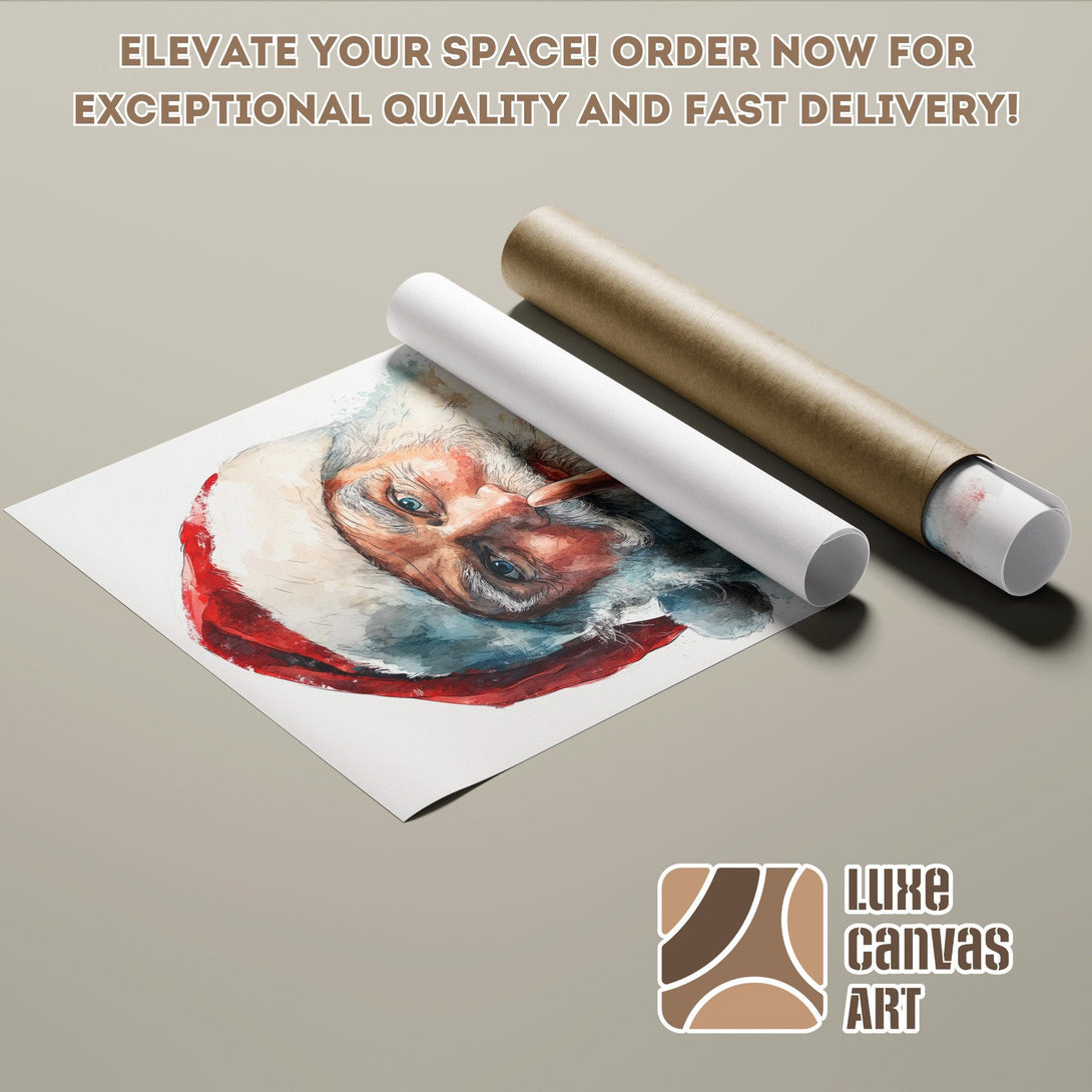 Poster Roll featuring a watercolor Santa Claus portrait, with a red, blue, and brown color palette. Elevate your space!