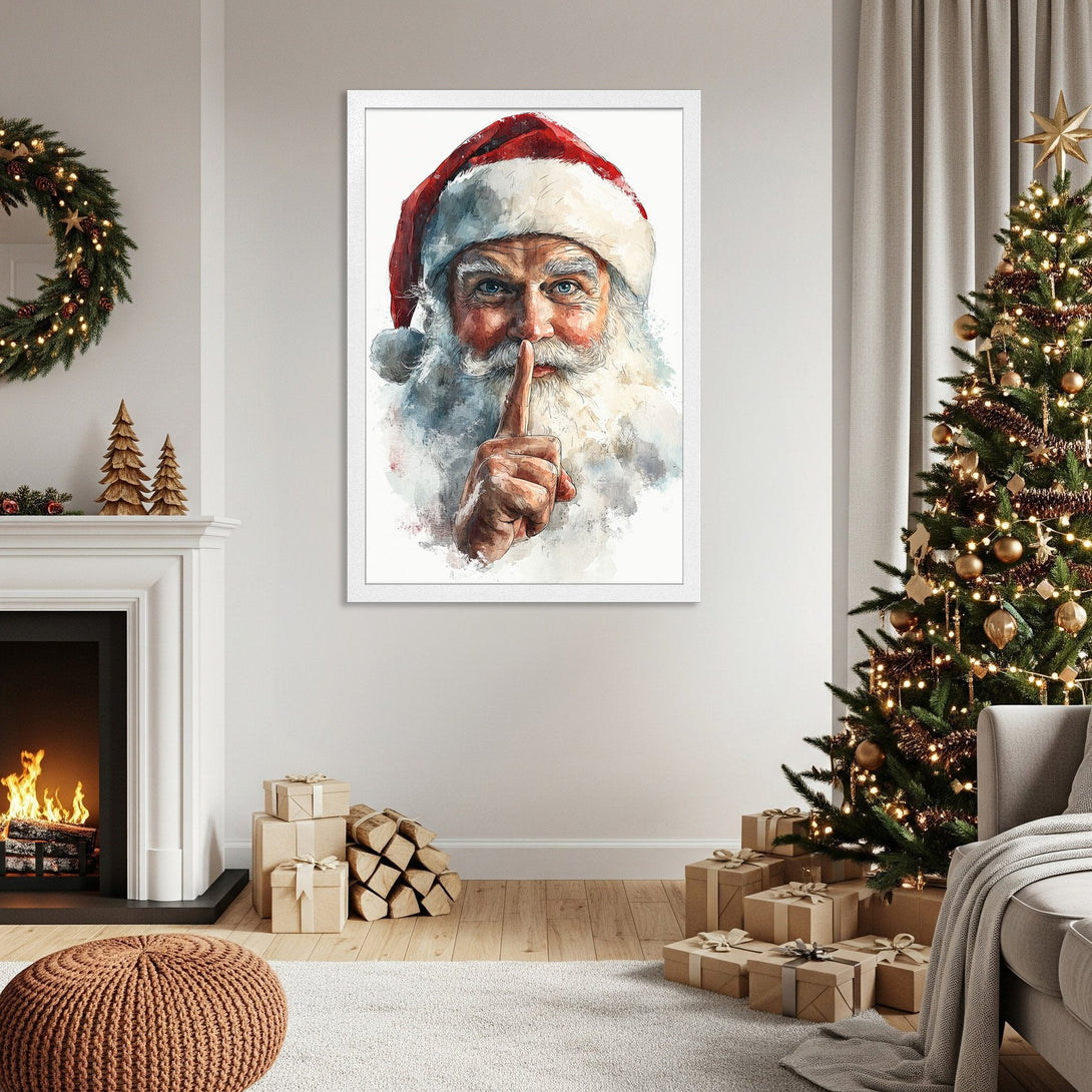 Framed Poster featuring Santa Claus in watercolor style, red & white palette, perfect Christmas decor.