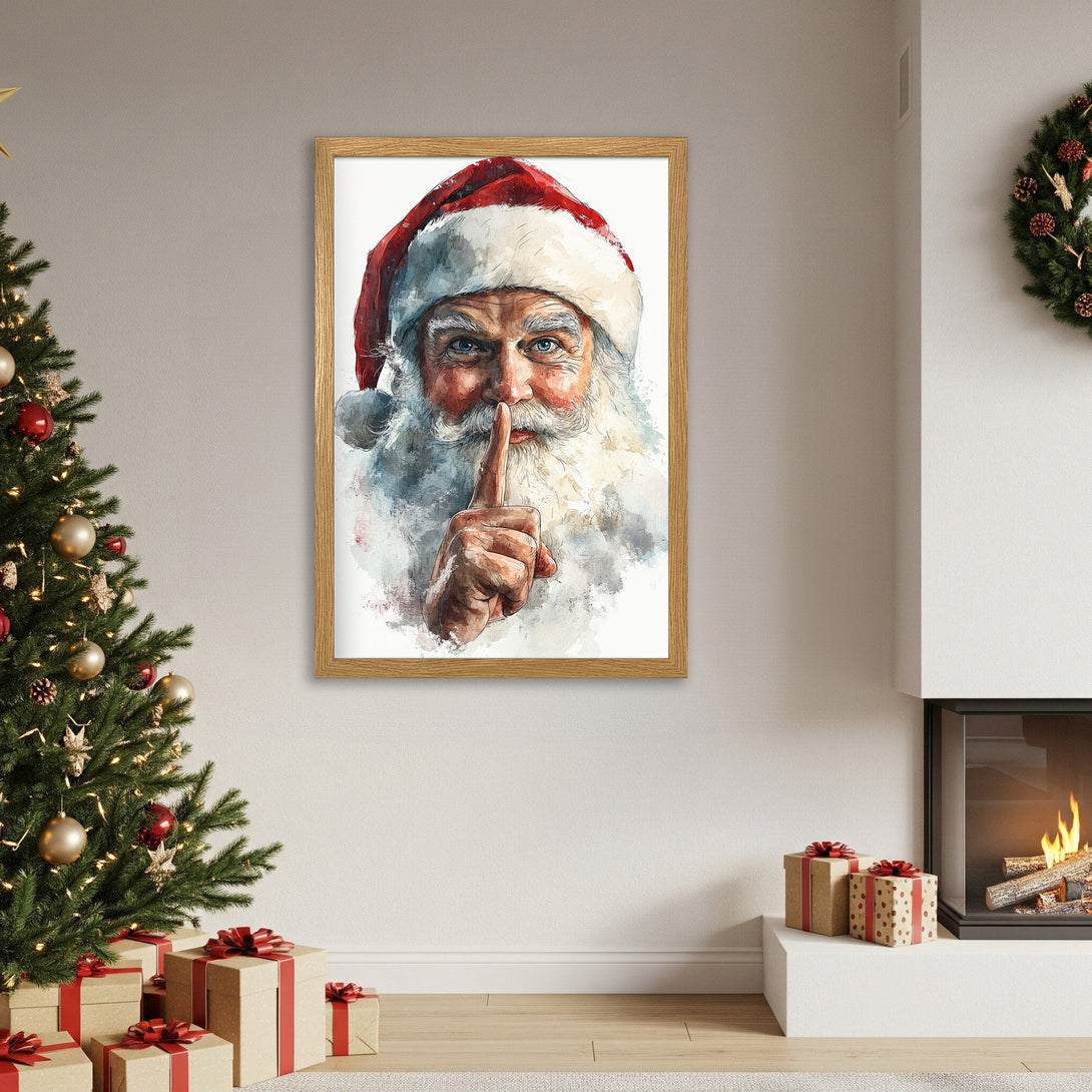Framed Poster of Santa Claus watercolor art. Festive holiday decor with red, white, and blue tones. Perfect Christmas gift!